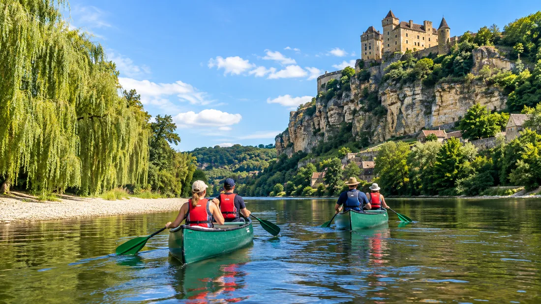 Canoes on the Dordogne beneath the walls of Castelnaud