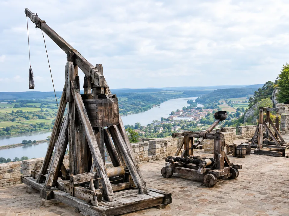 Full-scale war machines standing in attack positions on the bastion at Castelnaud