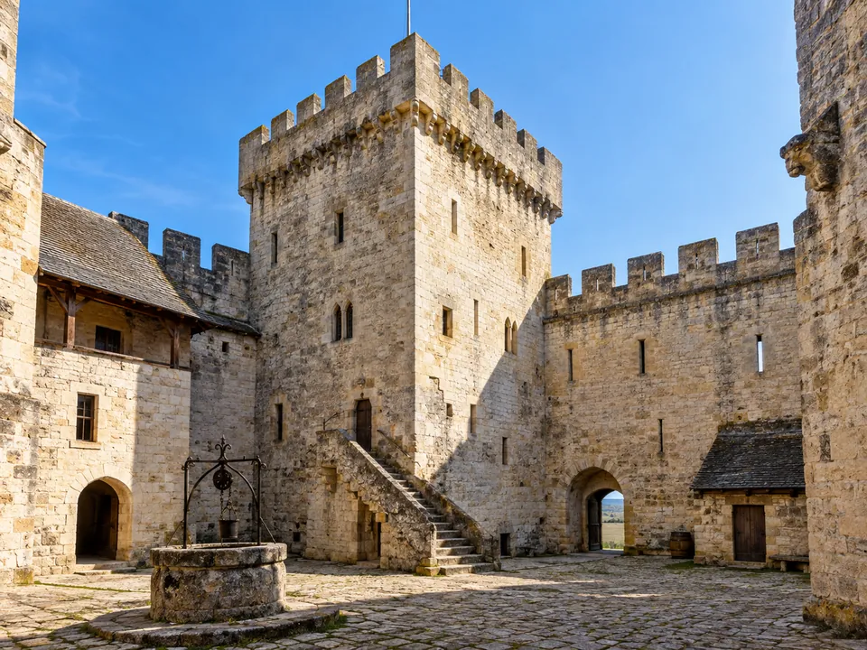 The keep and curtain wall of the Château de Castelnaud above the village