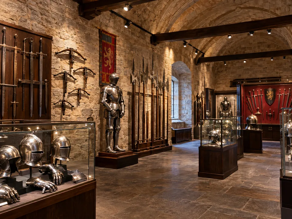 Armour and weapons in the Musée de la guerre au Moyen Âge at Castelnaud